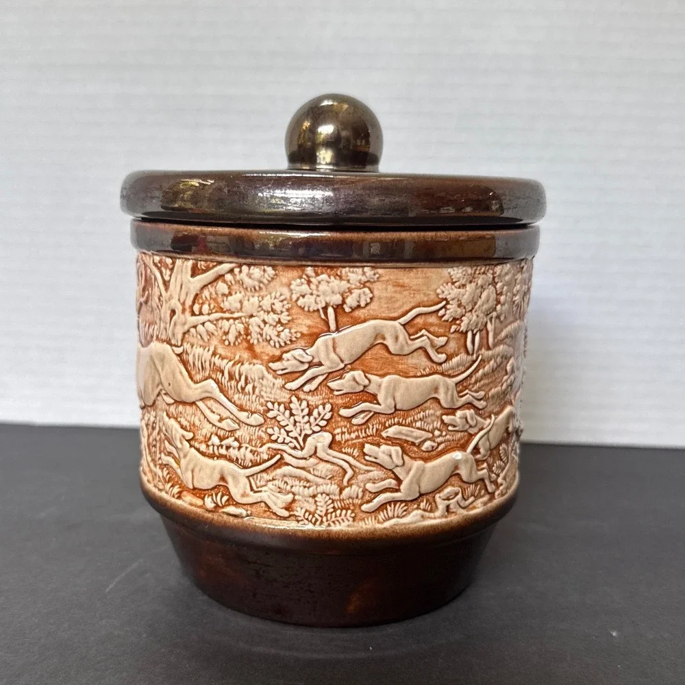Vintage Fox Hunt Relief Ceramic Canister Tobacco Jar Brown Equestrian Decor